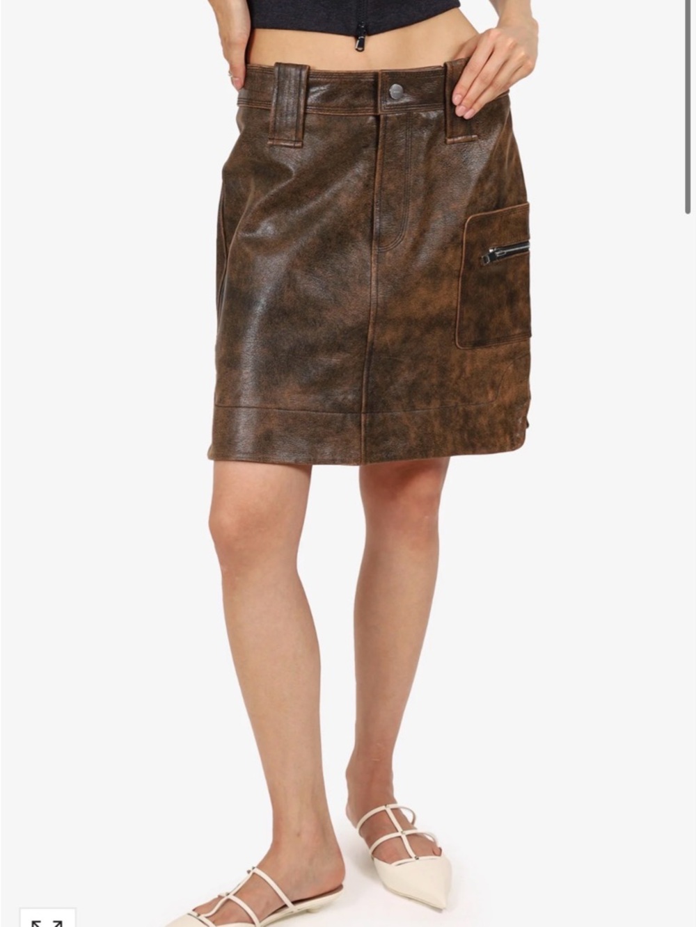 GANNI BROWN DISTRESSED LEATHER MINI SKIRT